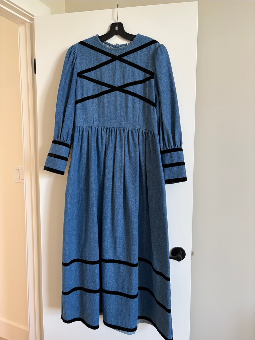 Batsheva Blue Maxi Dress with Black Trim